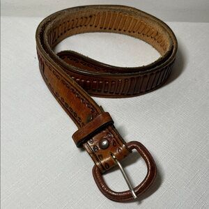 Brown Leather Men's Belt. Size 34. Lacing Stitching.